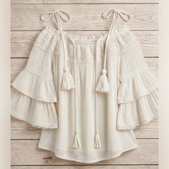 On The Road Tops - On The Road Off-Shoulder Tassel Peasant Blouse in Cream